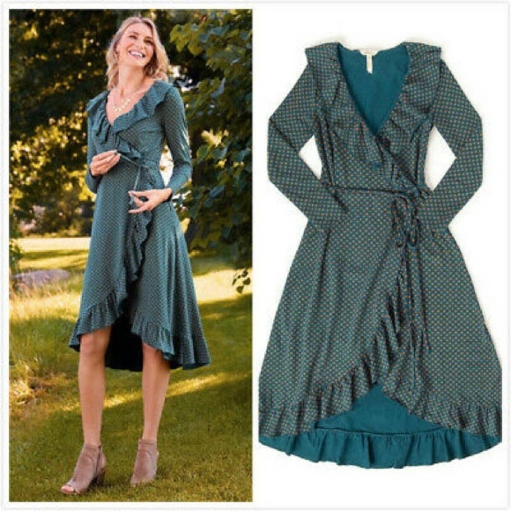 Matilda Jane Teal Reunion Floral Wrap Ruffle Dress Women Long Sleeve Large